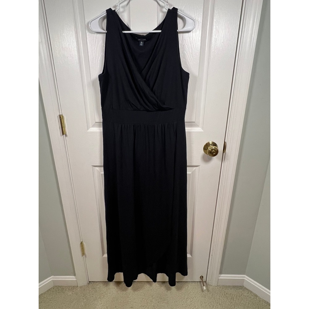 Lands End Black Sleeveless Faux Wrap Maxi Dress Med 10-12 Cotton Blend (IN#56)